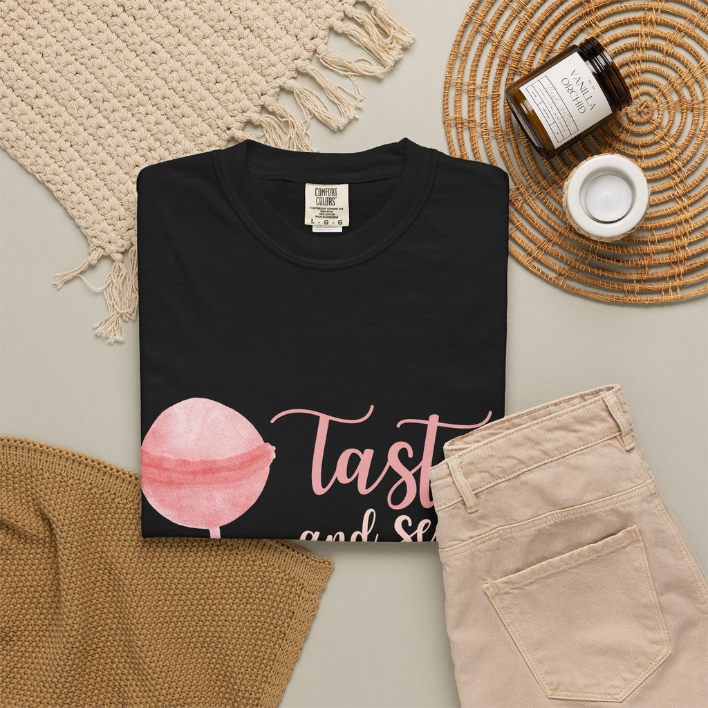 Christian Lollipop Tee — "Taste and See that the Lord is Good" Pink Faith T-Shirt