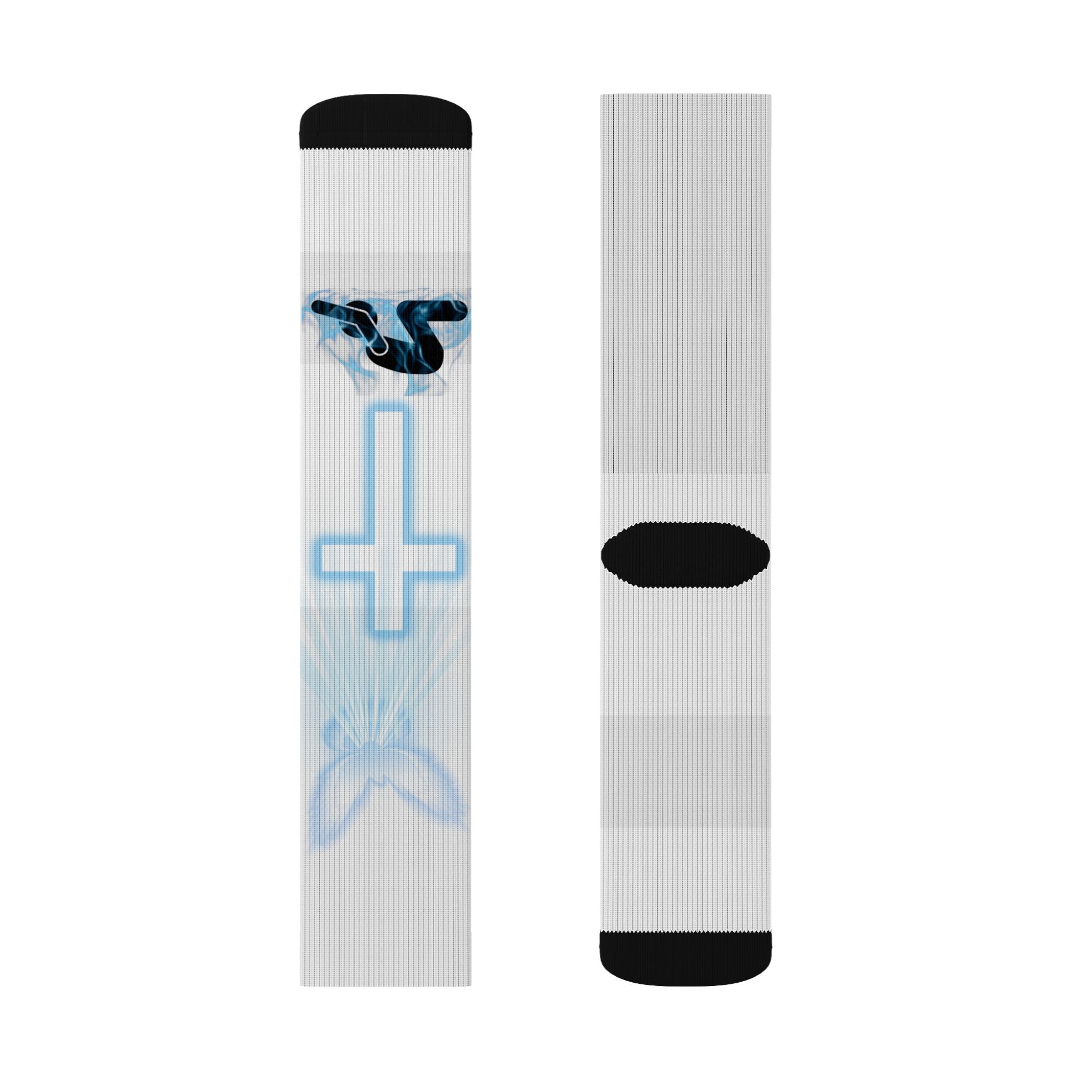 Blue Neon Cross Sublimation Socks — Gothic Streetwear Crew Socks