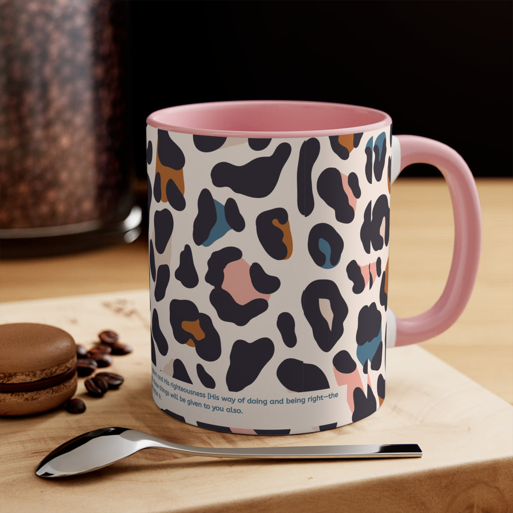 Leopard Print Accent Mug — Pink Interior & Handle, Colorful Animal Spot Coffee Cup