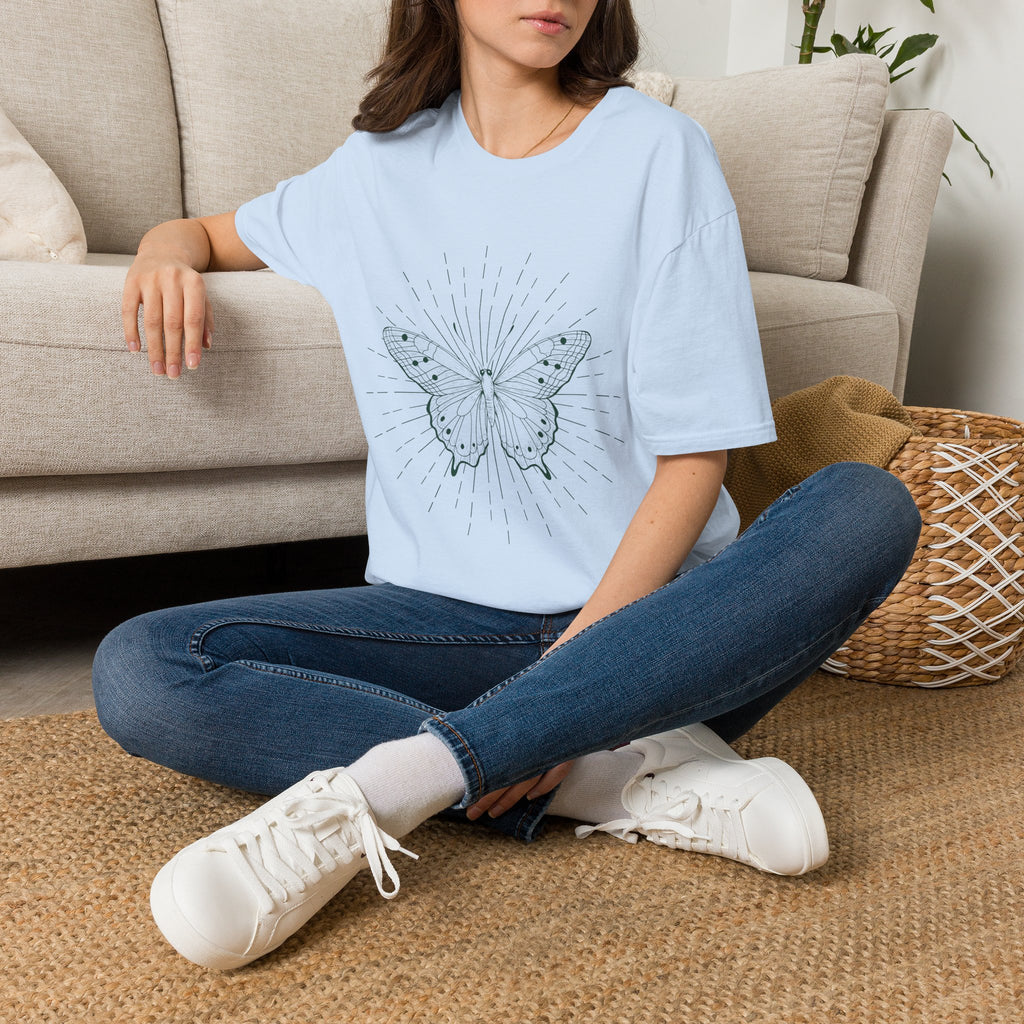Butterfly Line Art T-Shirt — Minimal Sunburst Graphic