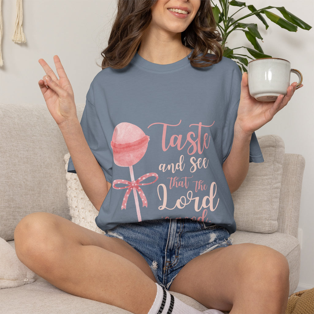 Christian Lollipop Tee — "Taste and See that the Lord is Good" Pink Faith T-Shirt
