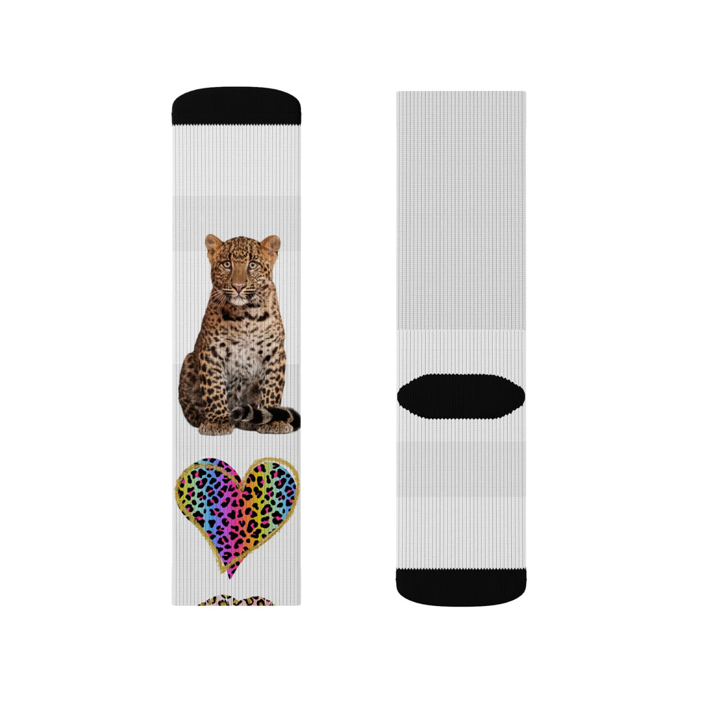 Leopard Hearts Sublimation Socks — Colorful Animal Print Cat Crew Socks
