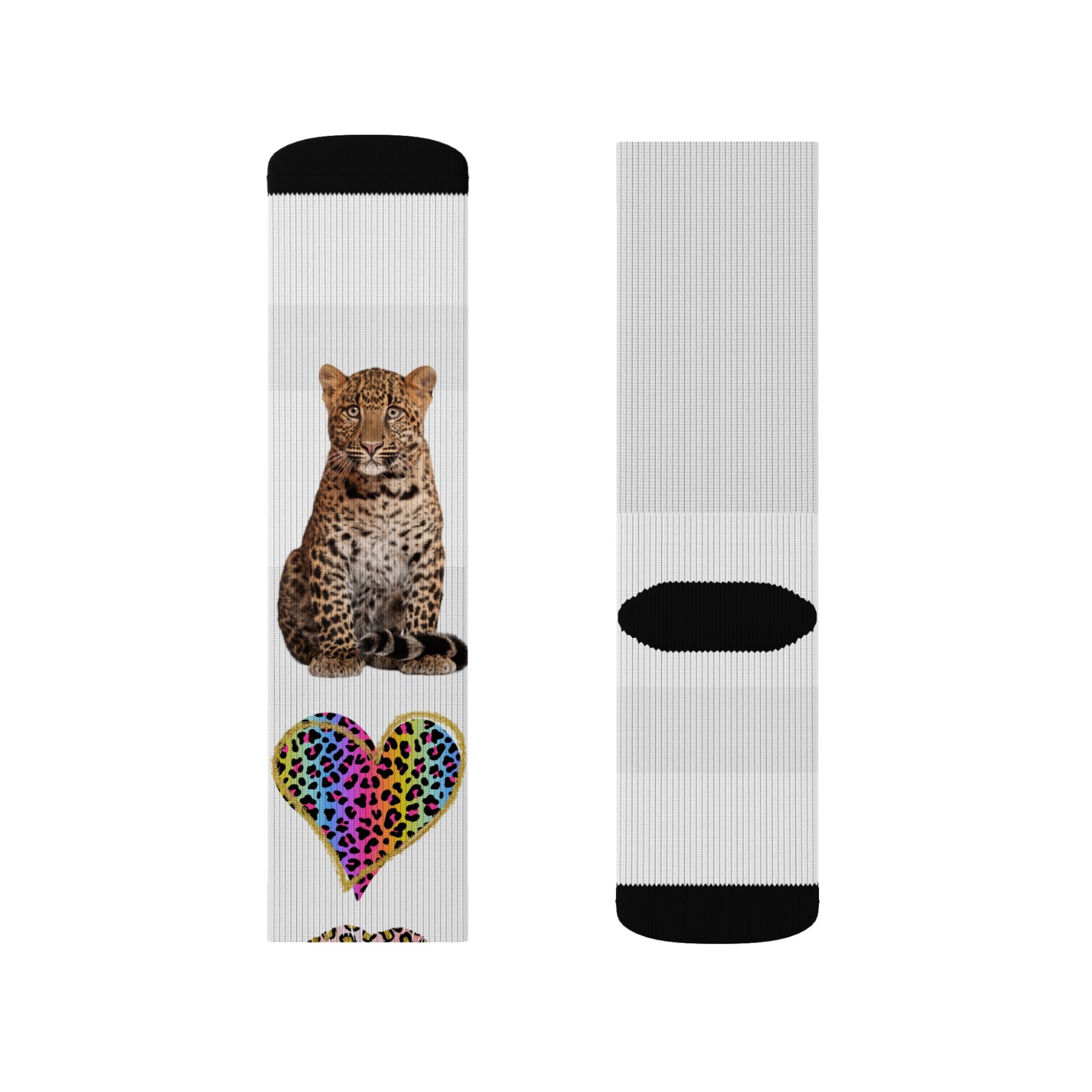 Leopard Hearts Sublimation Socks — Colorful Animal Print Cat Crew Socks