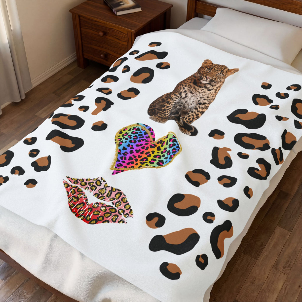 Leopard Heart Velveteen Plush Blanket – Rainbow Cheetah Print Cozy Throw