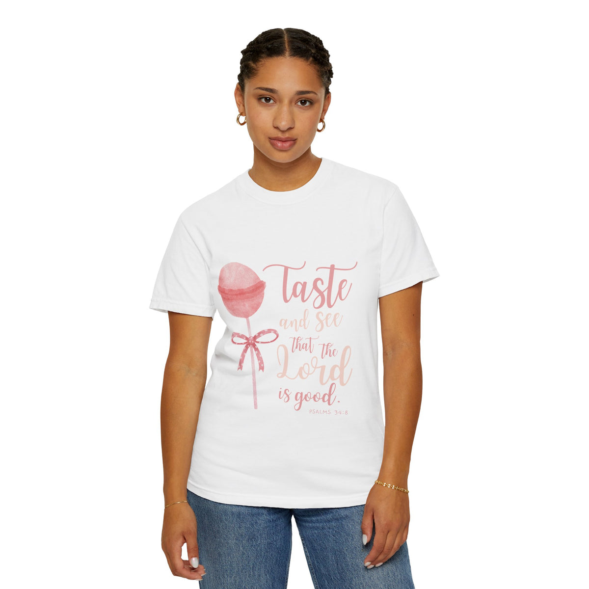 Christian Lollipop Tee — "Taste and See that the Lord is Good" Pink Faith T-Shirt