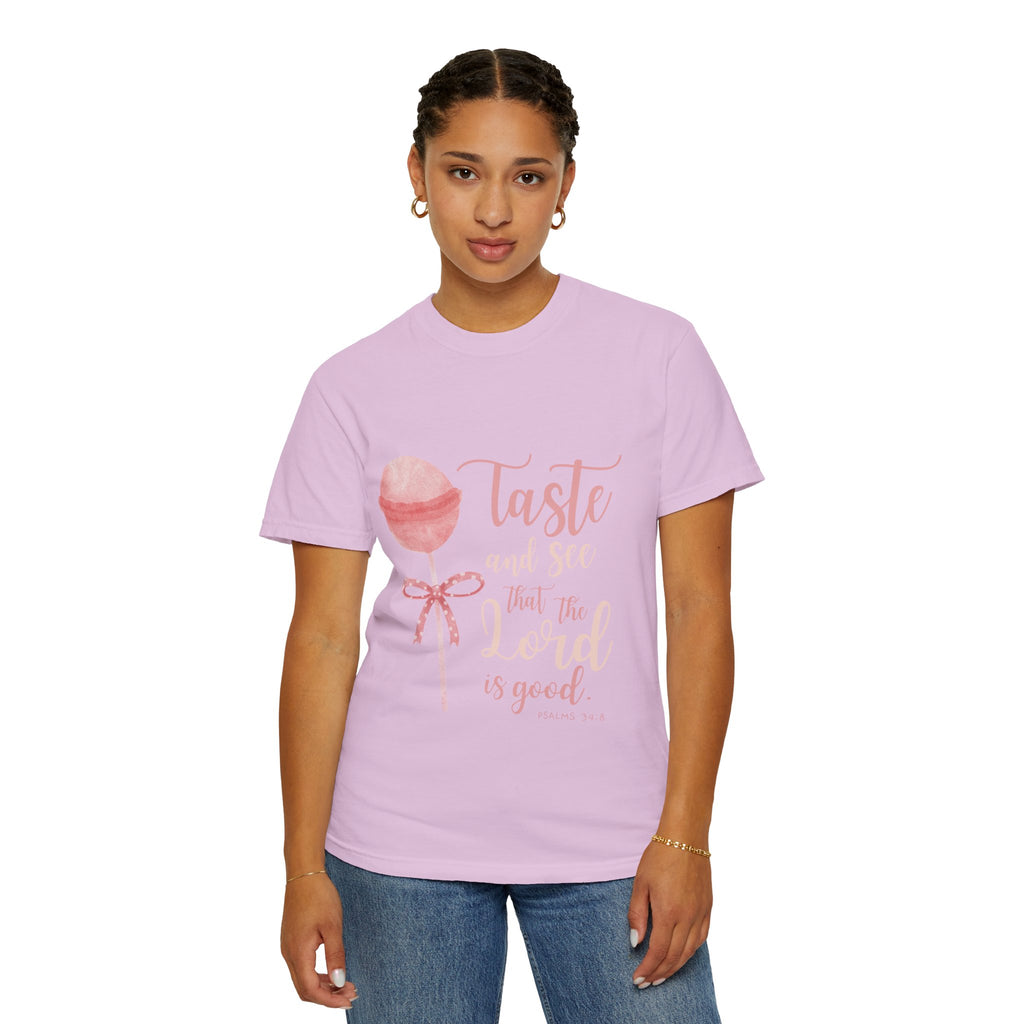 Christian Lollipop Tee — "Taste and See that the Lord is Good" Pink Faith T-Shirt