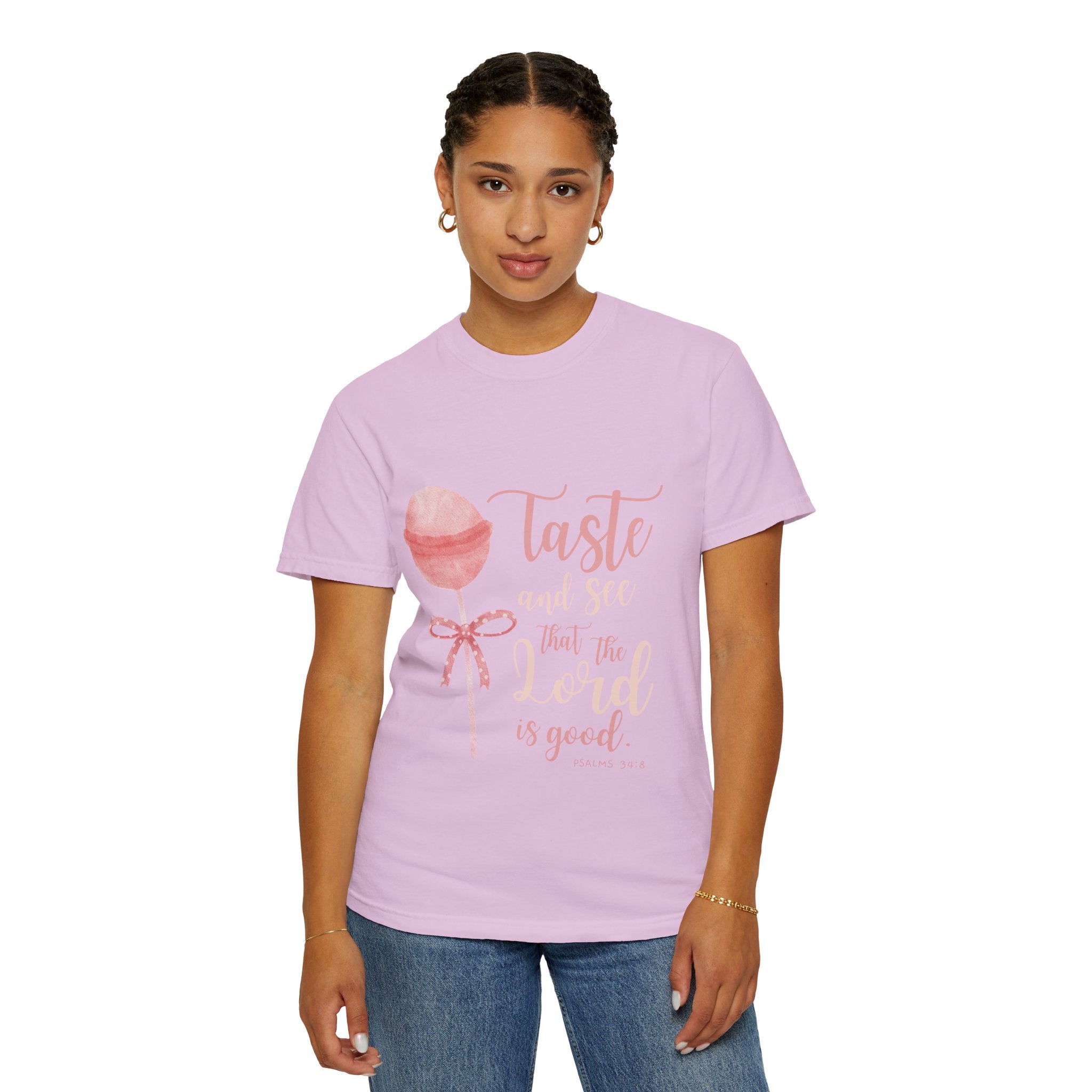 Christian Lollipop Tee — "Taste and See that the Lord is Good" Pink Faith T-Shirt