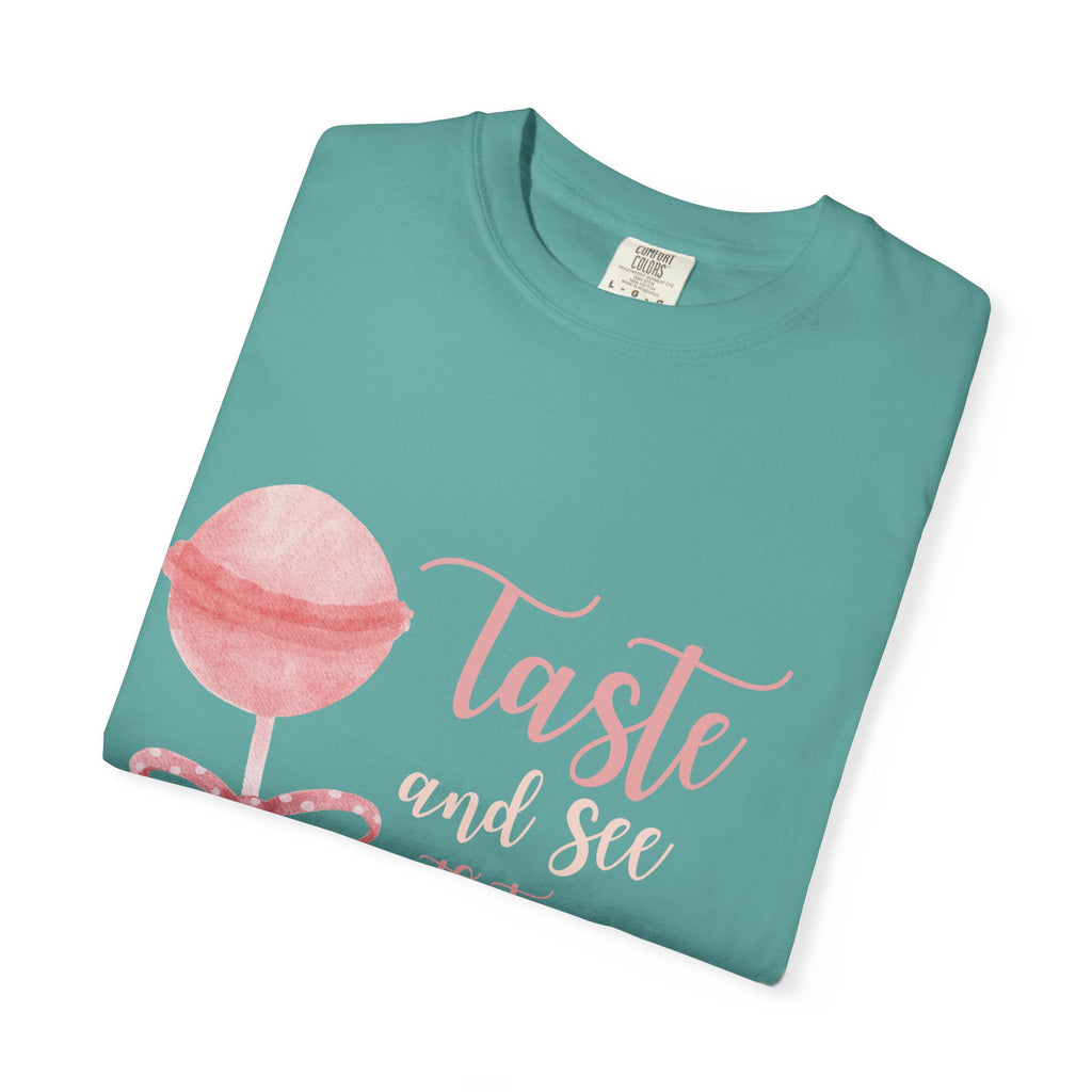 Christian Lollipop Tee — "Taste and See that the Lord is Good" Pink Faith T-Shirt