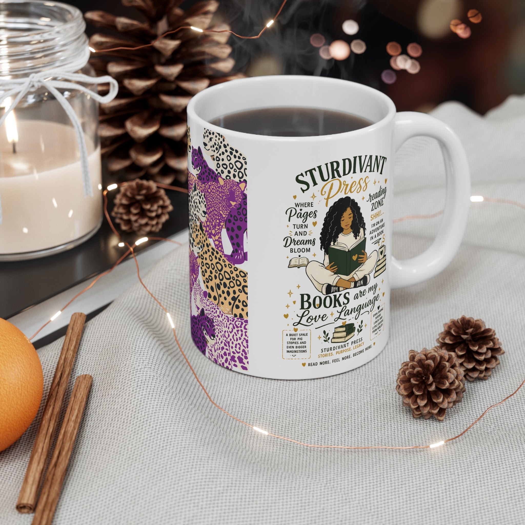 Publishing Mug — 'Sturdivant Press' Book Lover Coffee Cup with Colorful Leopard Pattern