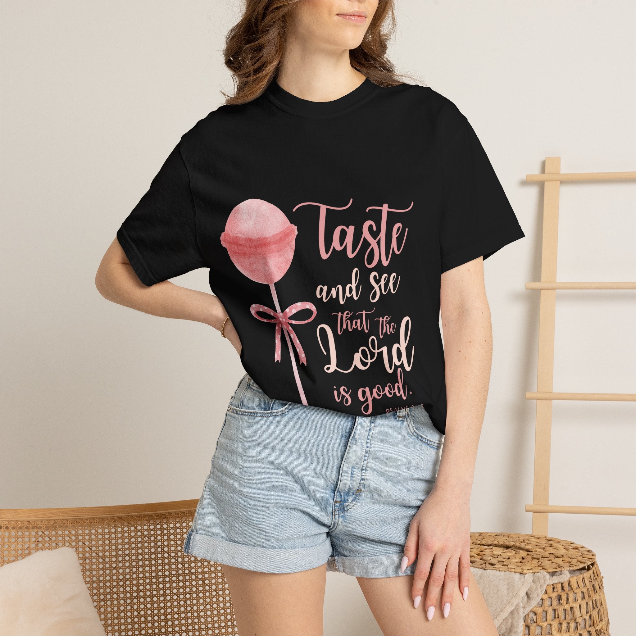 Christian Lollipop Tee — "Taste and See that the Lord is Good" Pink Faith T-Shirt