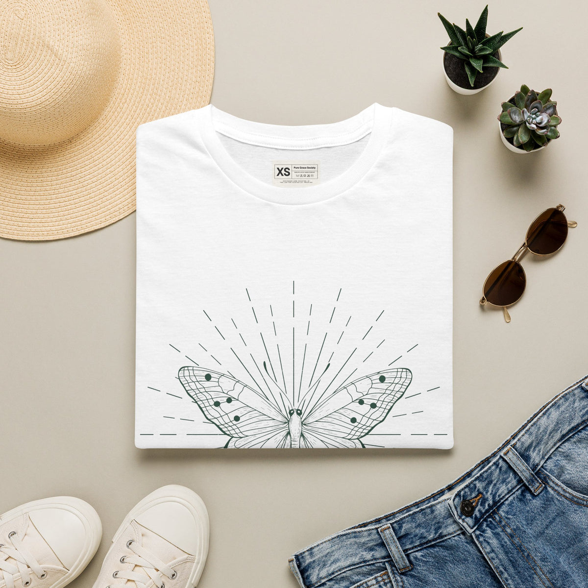 Butterfly Line Art T-Shirt — Minimal Sunburst Graphic