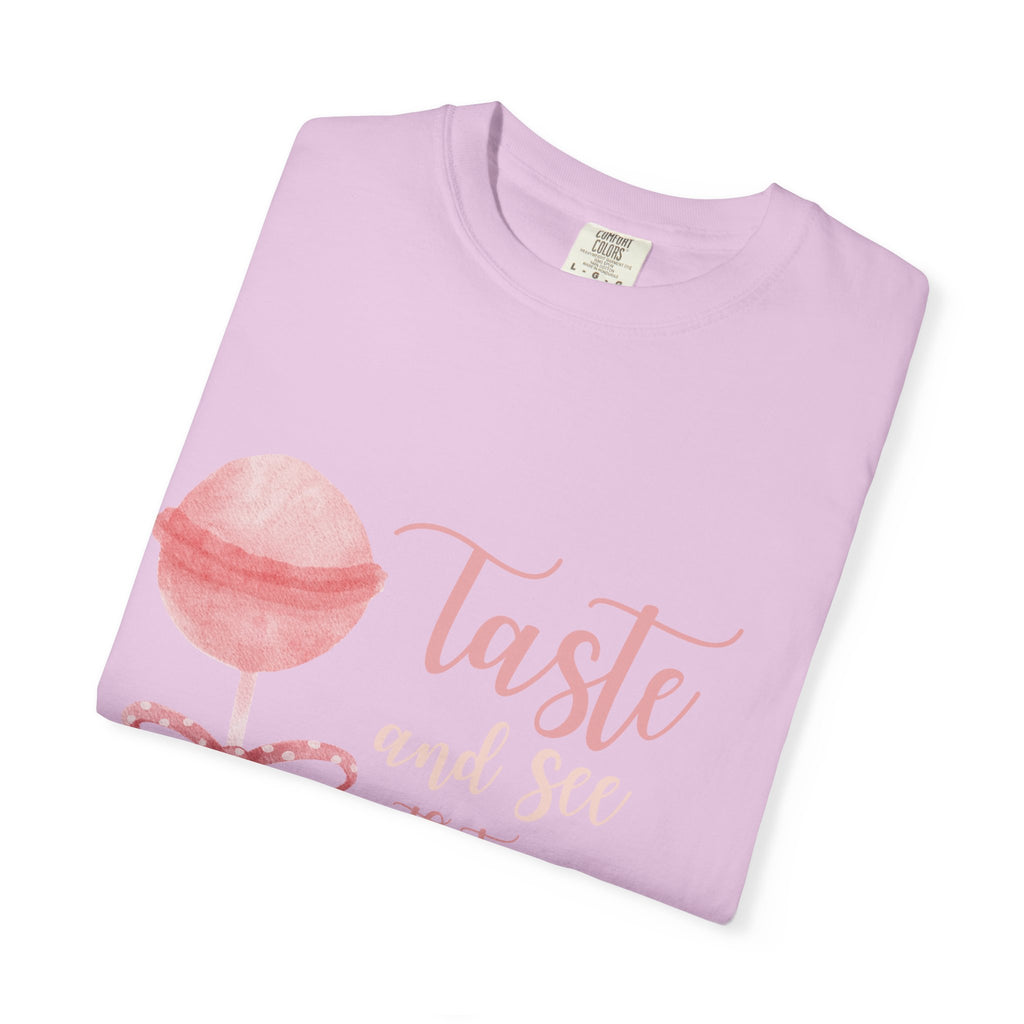 Christian Lollipop Tee — "Taste and See that the Lord is Good" Pink Faith T-Shirt