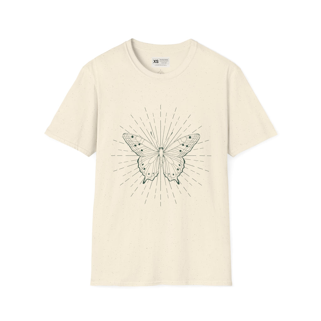 Butterfly Line Art T-Shirt — Minimal Sunburst Graphic