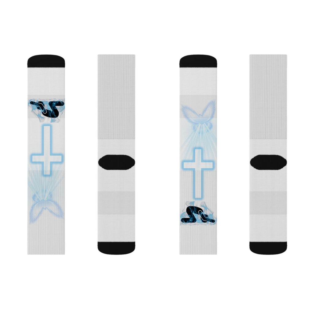 Blue Neon Cross Sublimation Socks — Gothic Streetwear Crew Socks
