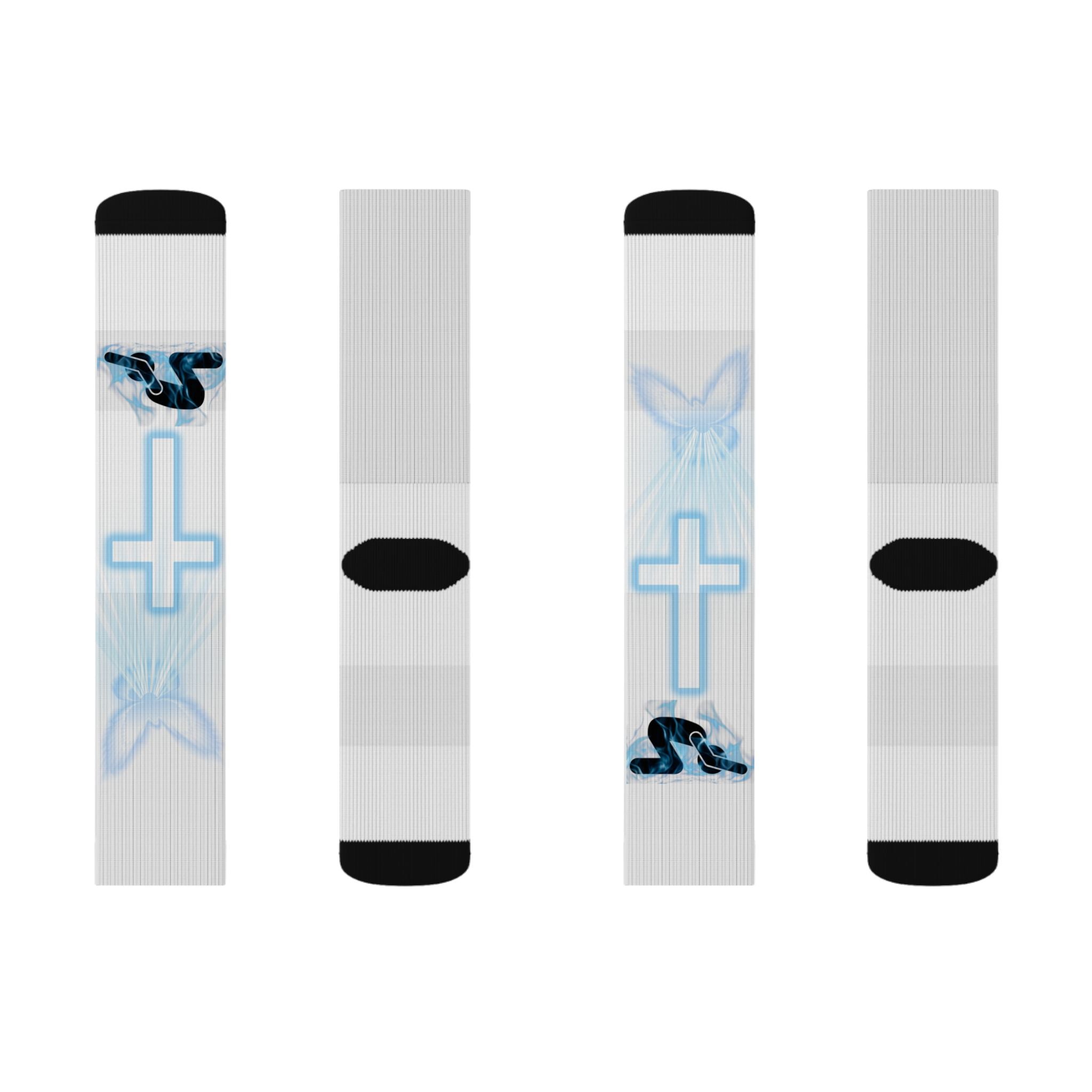 Blue Neon Cross Sublimation Socks — Gothic Streetwear Crew Socks