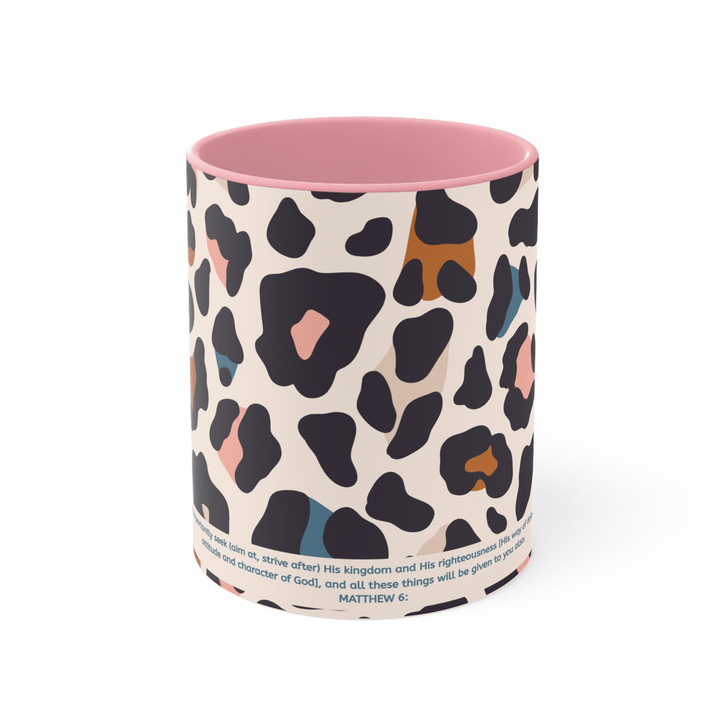 Leopard Print Accent Mug — Pink Interior & Handle, Colorful Animal Spot Coffee Cup