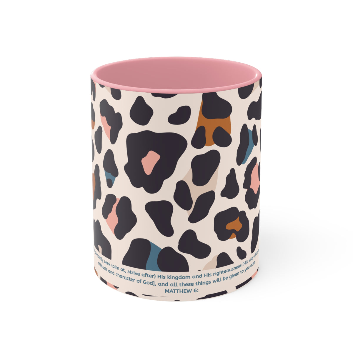 Leopard Print Accent Mug — Pink Interior & Handle, Colorful Animal Spot Coffee Cup