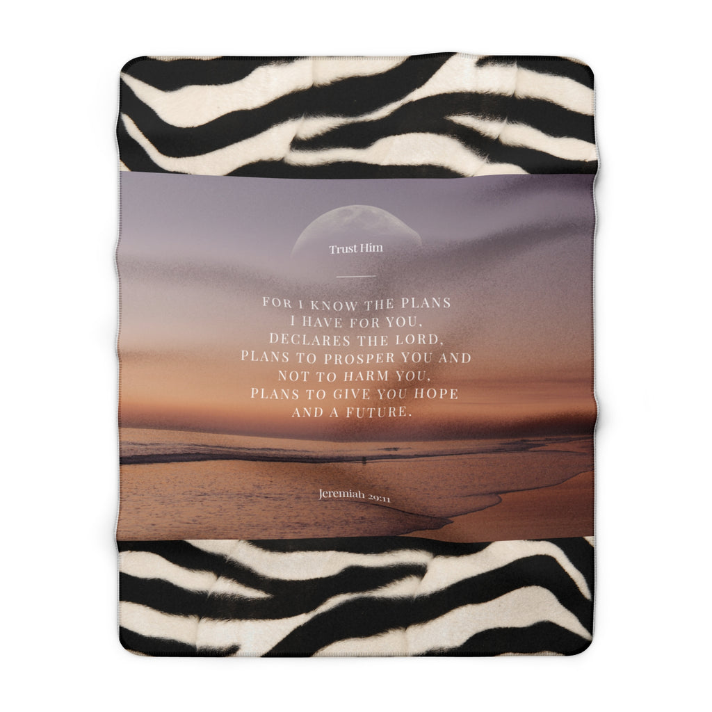 Inspirational Psalm Sherpa Blanket — "For I Know the Plans" Cozy Fleece with Zebra Trim