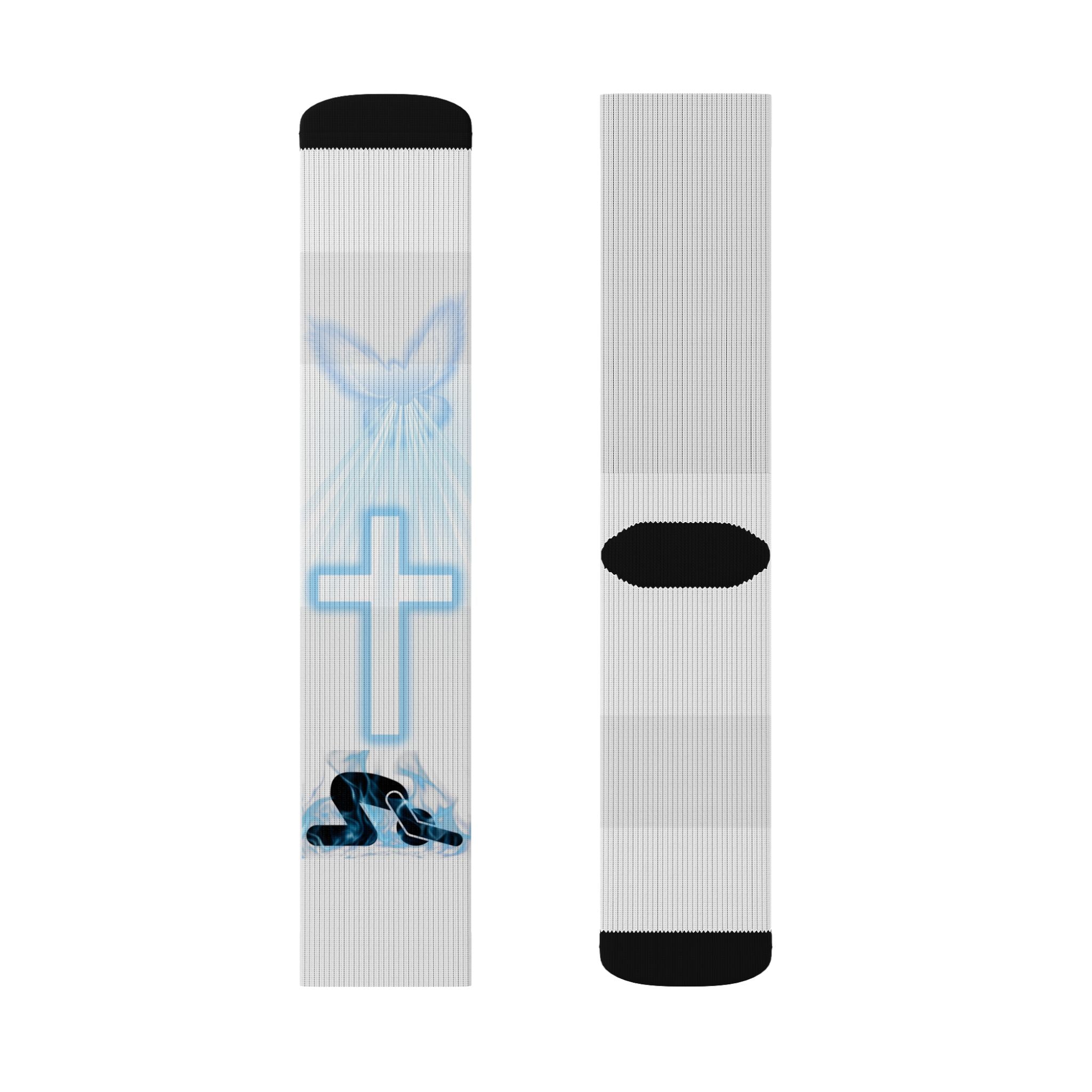 Blue Neon Cross Sublimation Socks — Gothic Streetwear Crew Socks