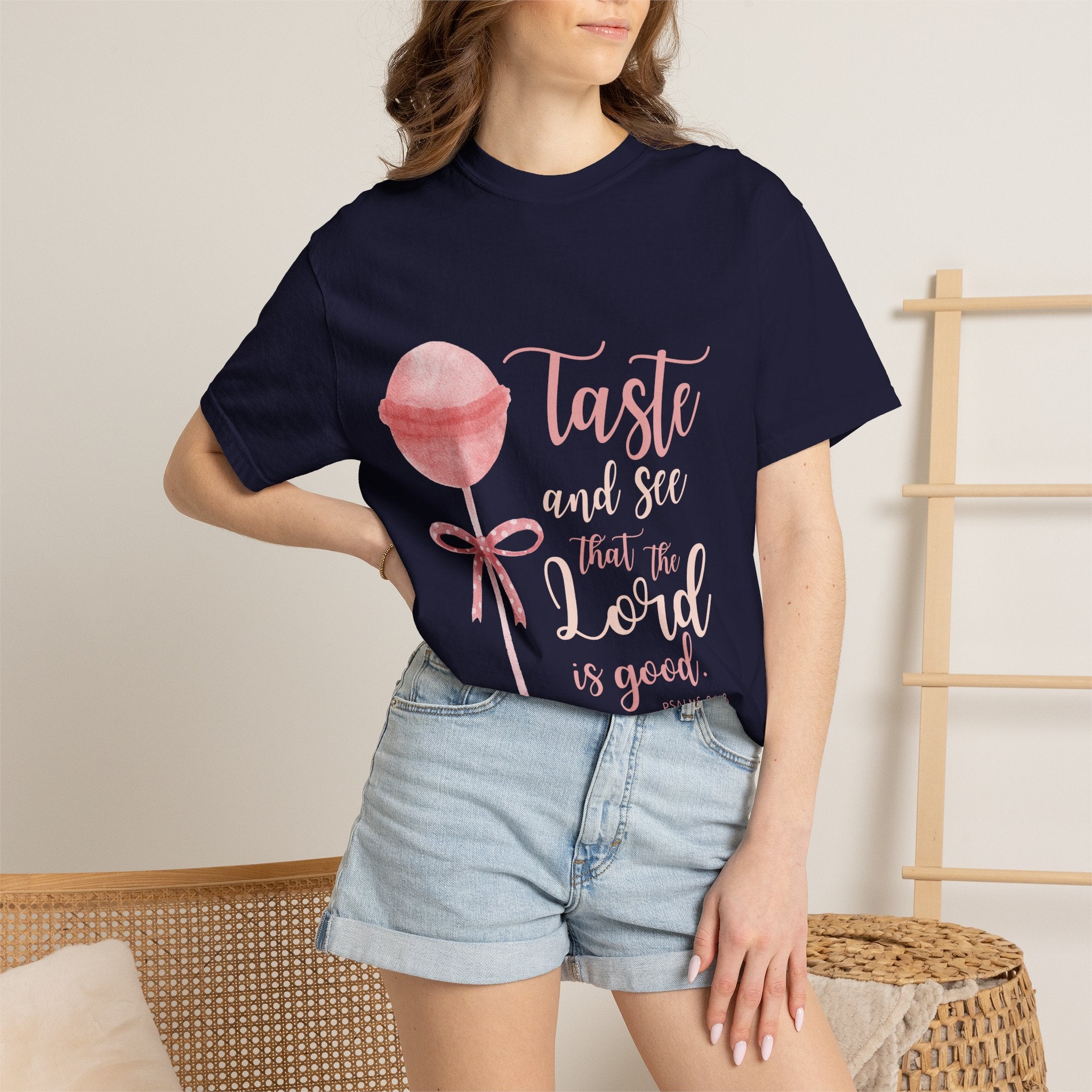 Christian Lollipop Tee — "Taste and See that the Lord is Good" Pink Faith T-Shirt