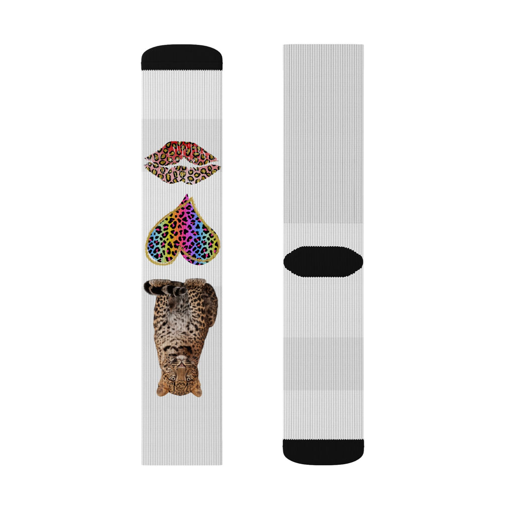 Leopard Hearts Sublimation Socks — Colorful Animal Print Cat Crew Socks