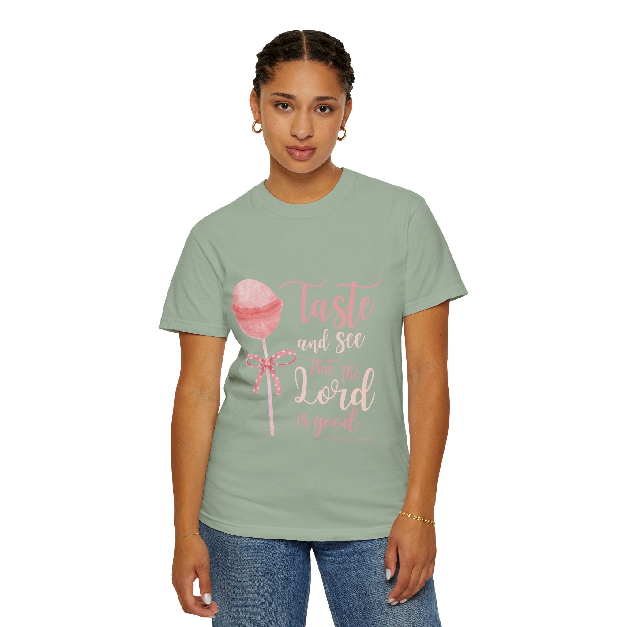 Christian Lollipop Tee — "Taste and See that the Lord is Good" Pink Faith T-Shirt