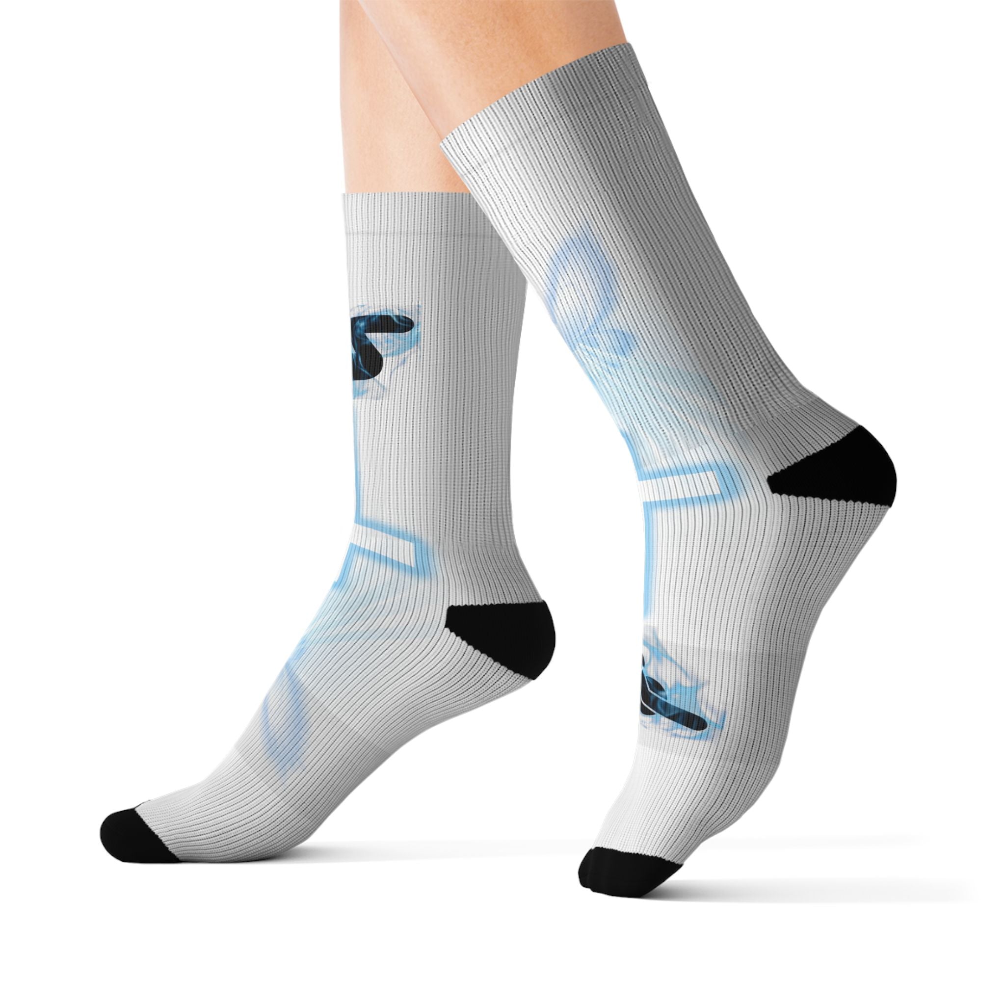 Blue Neon Cross Sublimation Socks — Gothic Streetwear Crew Socks