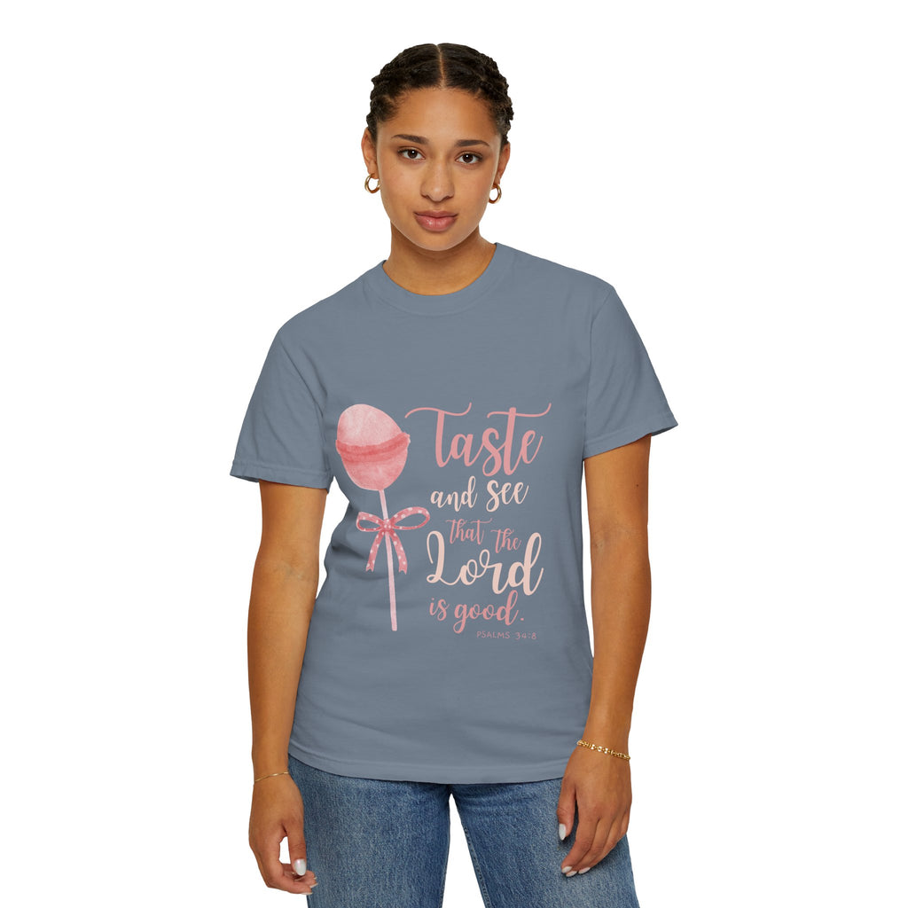 Christian Lollipop Tee — "Taste and See that the Lord is Good" Pink Faith T-Shirt