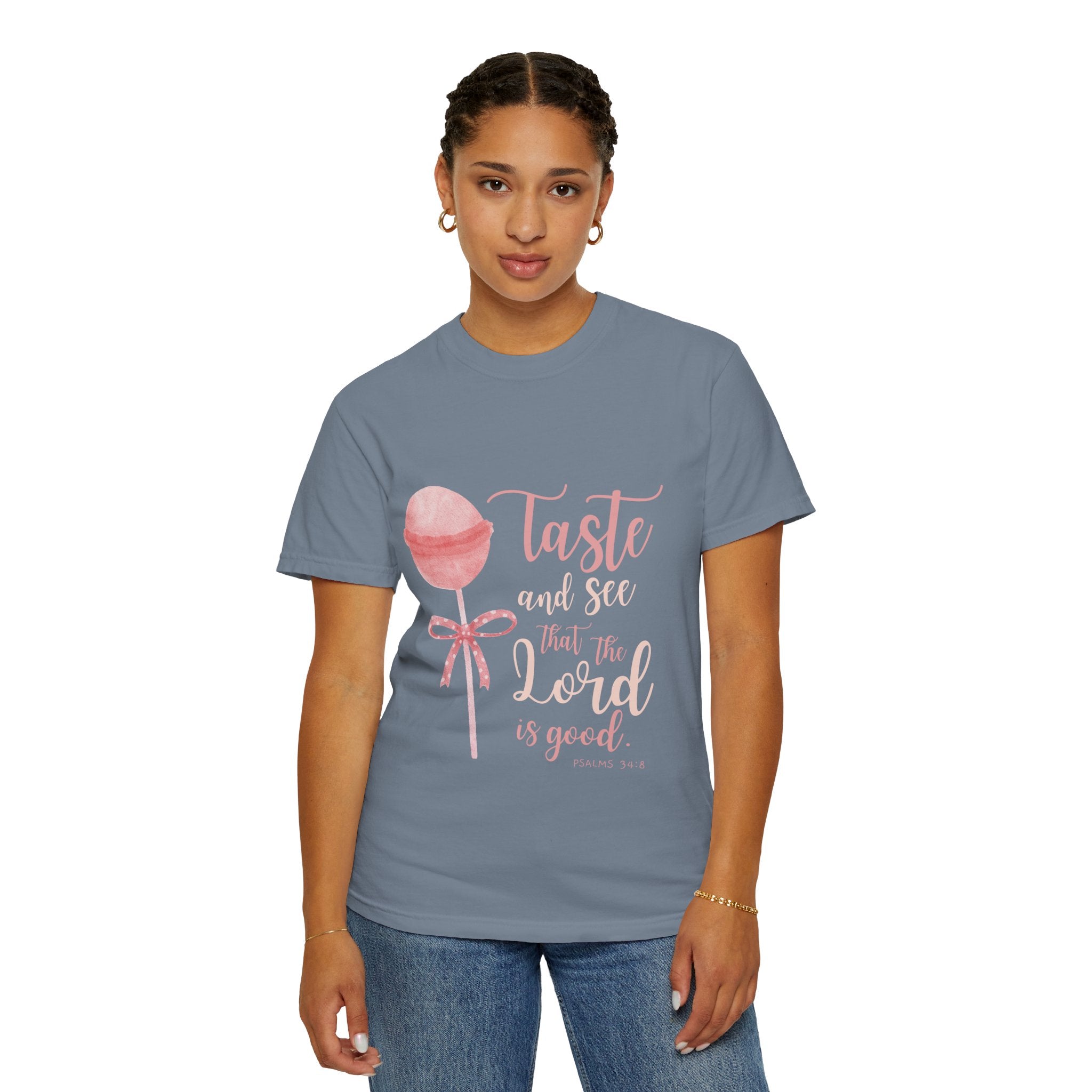 Christian Lollipop Tee — "Taste and See that the Lord is Good" Pink Faith T-Shirt